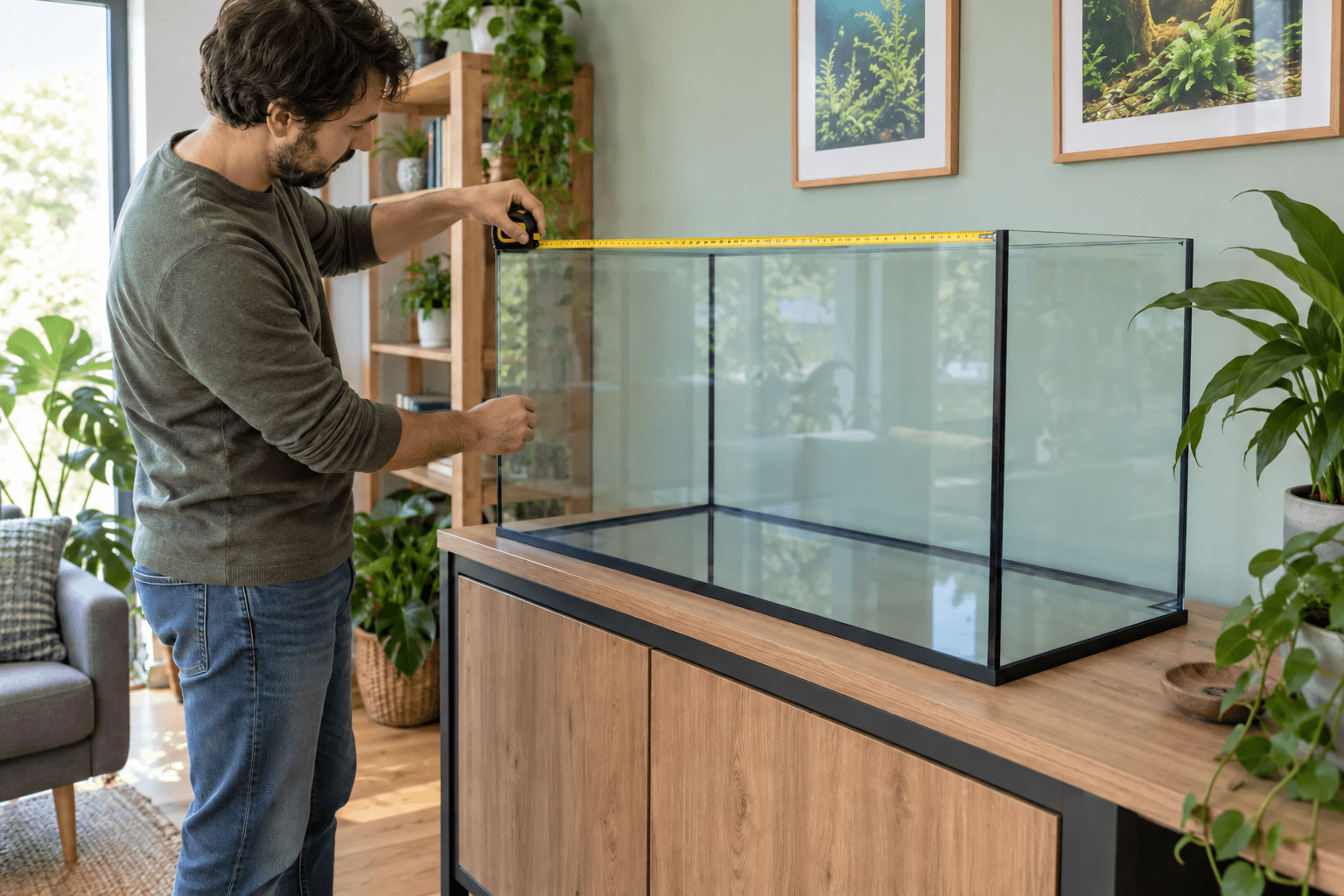 Persona midiendo una urna antes de elegir el tamaño de su primer acuario