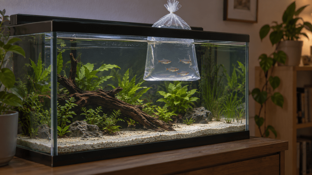 Bolsa de transporte con cuatro peces flotando en un acuario durante la aclimatación inicial.