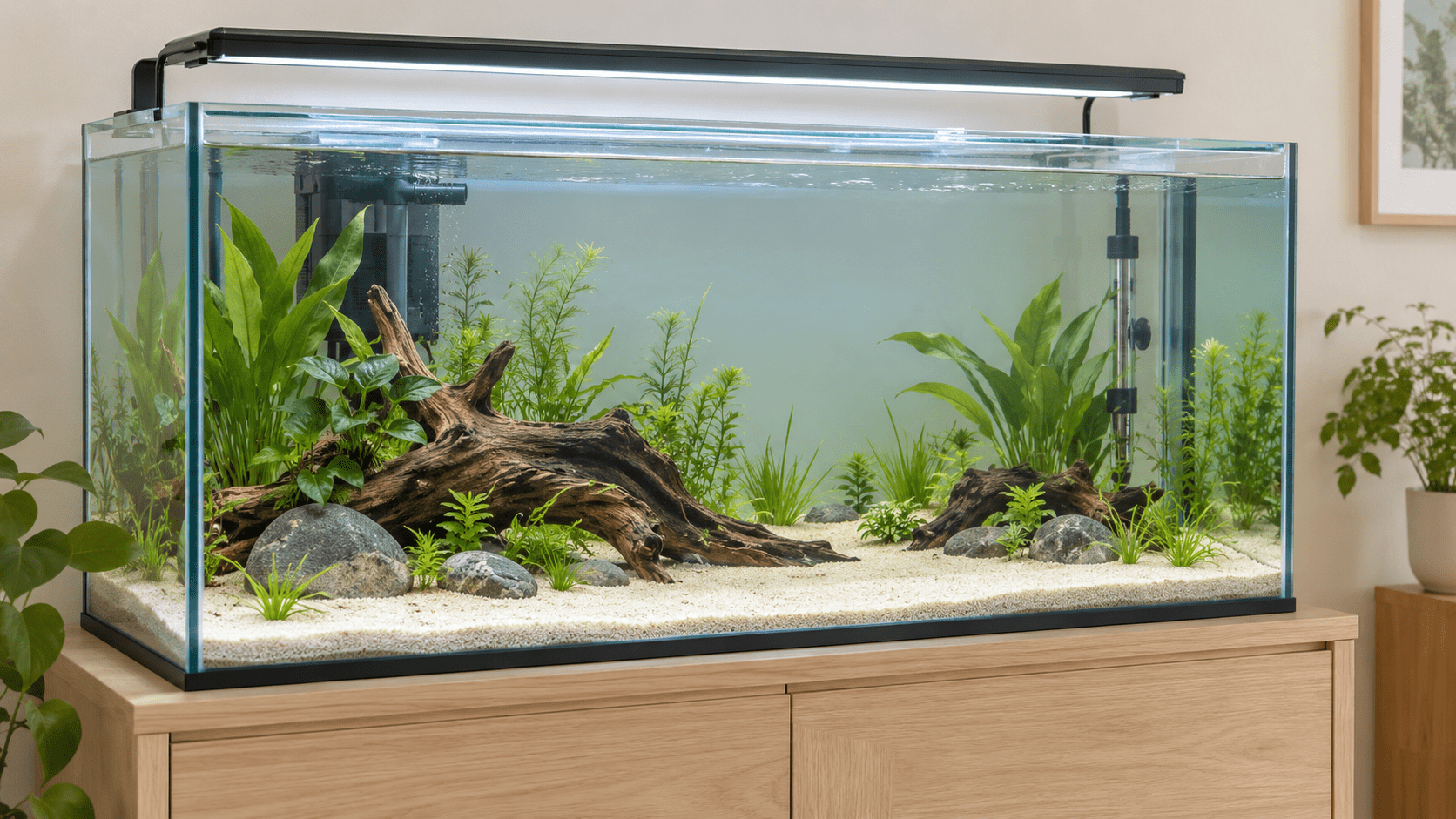 Acuario de agua dulce sin peces, con plantas, troncos, sustrato y equipo instalado.