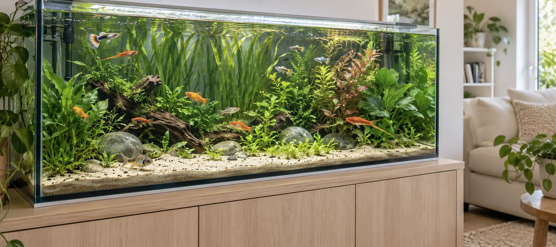 Acuario de agua dulce plantado en un salón luminoso