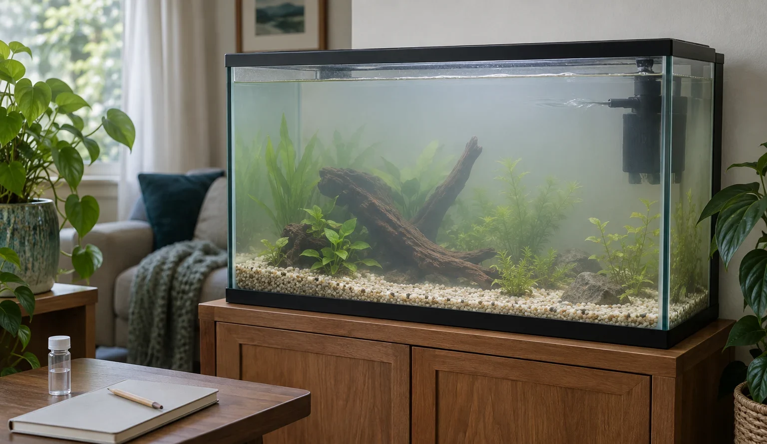 Acuario plantado sin peces con agua ligeramente blanquecina y filtro interior.