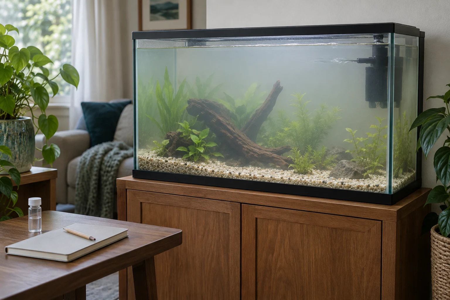 Acuario plantado sin peces con agua ligeramente blanquecina y filtro interior.