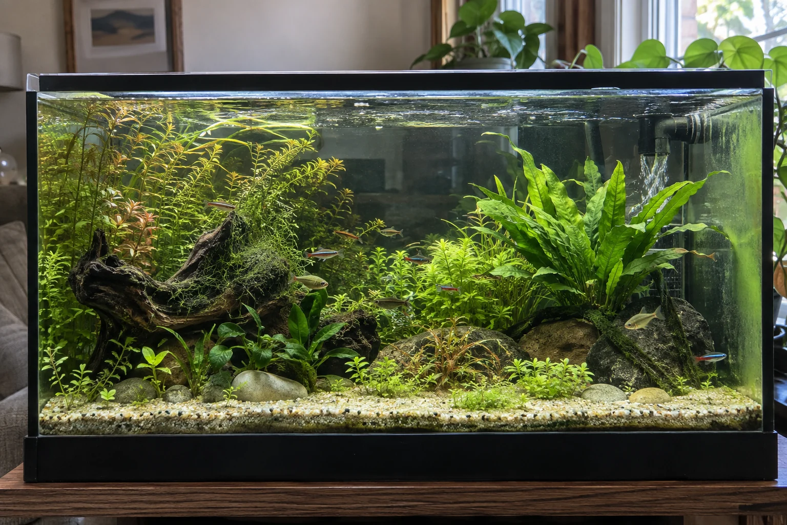 Acuario plantado con crecimiento localizado de algas verdes sobre madera y cristal