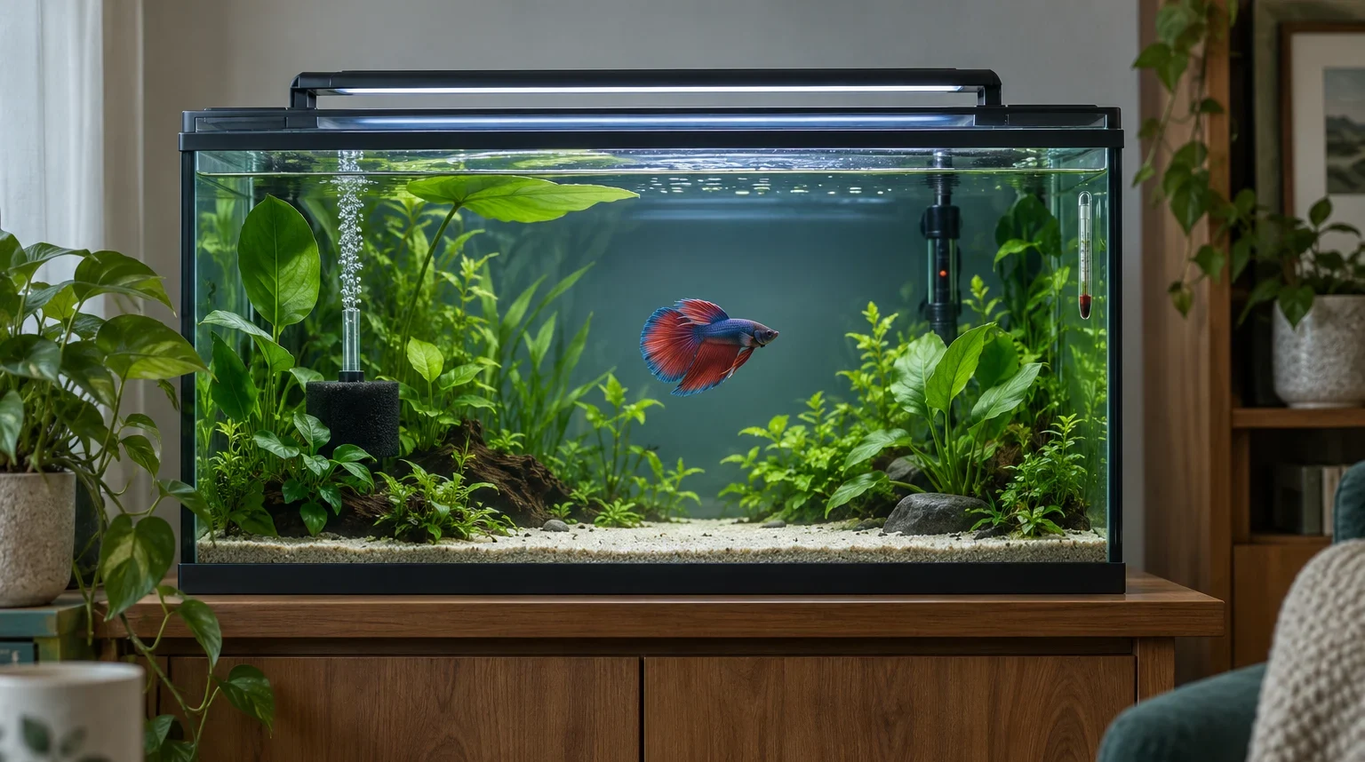Ilustración de un solo Betta en un acuario rectangular con plantas y equipo.