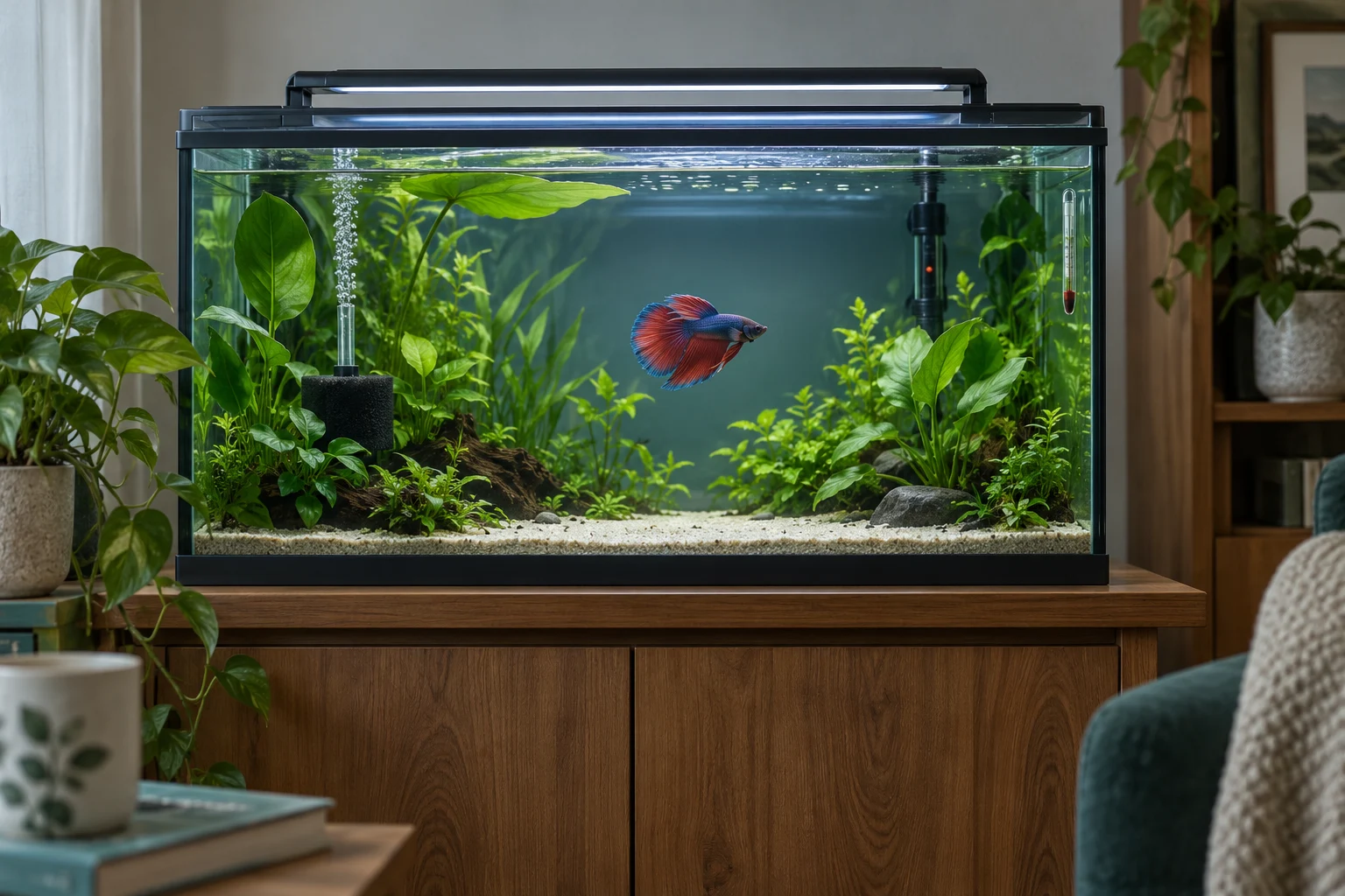Ilustración de un solo Betta en un acuario rectangular con plantas y equipo.