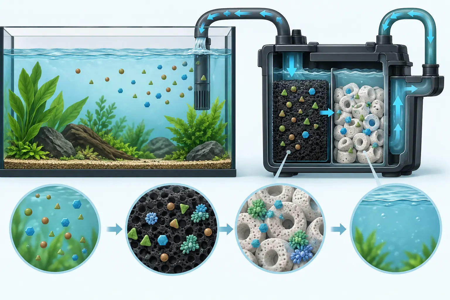 Diagrama simplificado del recorrido del agua y la transformación de residuos en el filtro biológico