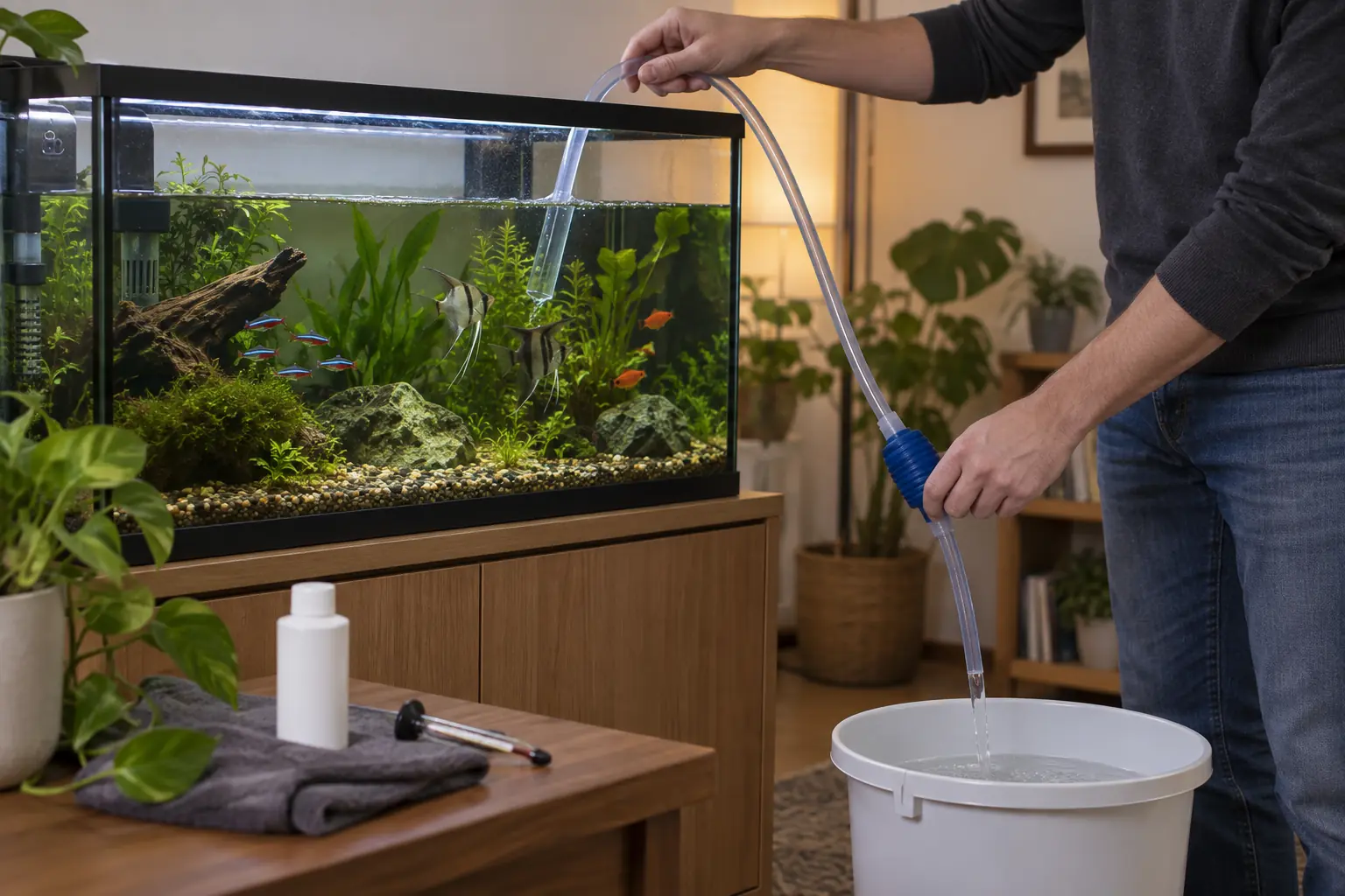 Persona realizando un cambio parcial de agua en un acuario de agua dulce con un sifón