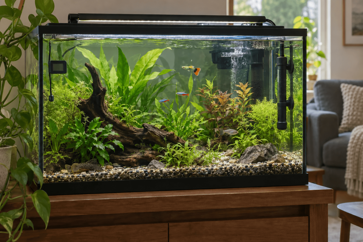 Acuario plantado con calentador sumergible junto a la circulación del filtro y termómetro independiente