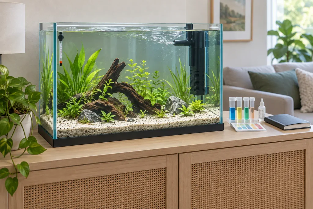 Acuario de agua dulce sin peces durante el ciclado, con filtro, termómetro y pruebas de agua preparadas.