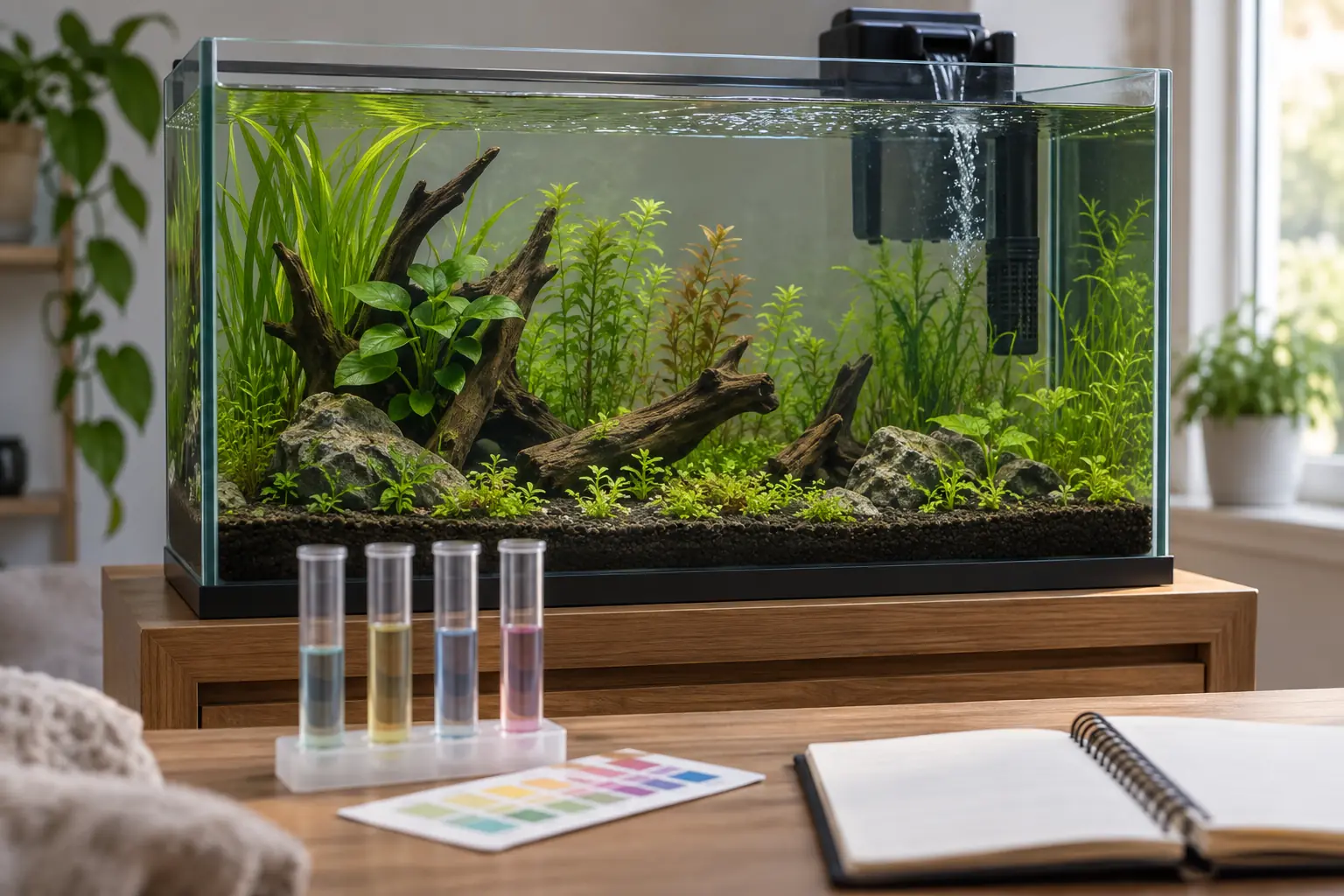 Acuario de agua dulce sin peces junto a tubos de ensayo para comprobar el final del ciclado
