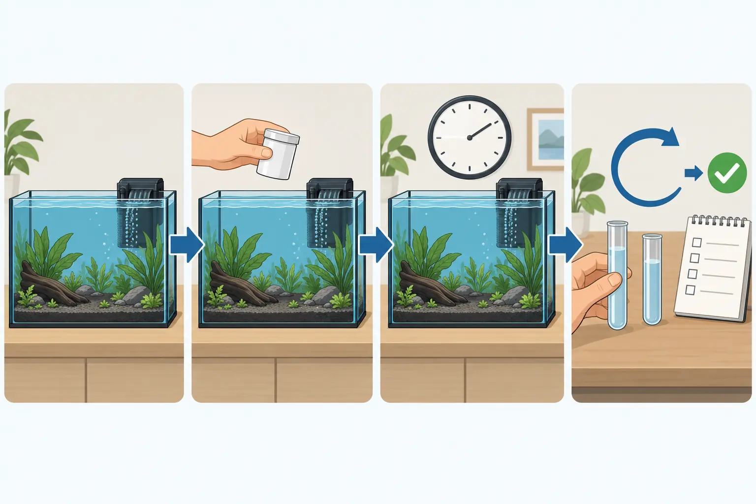Secuencia visual para realizar la comprobación final de un acuario sin peces