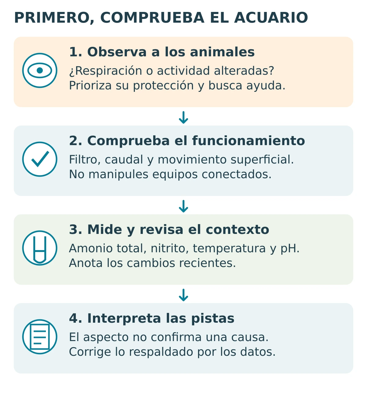 Ruta de comprobación: observar animales, comprobar filtro y medir antes de valorar el aspecto.