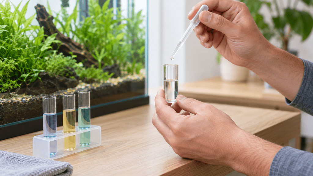Análisis del agua del acuario con reactivos líquidos y varios viales de prueba.