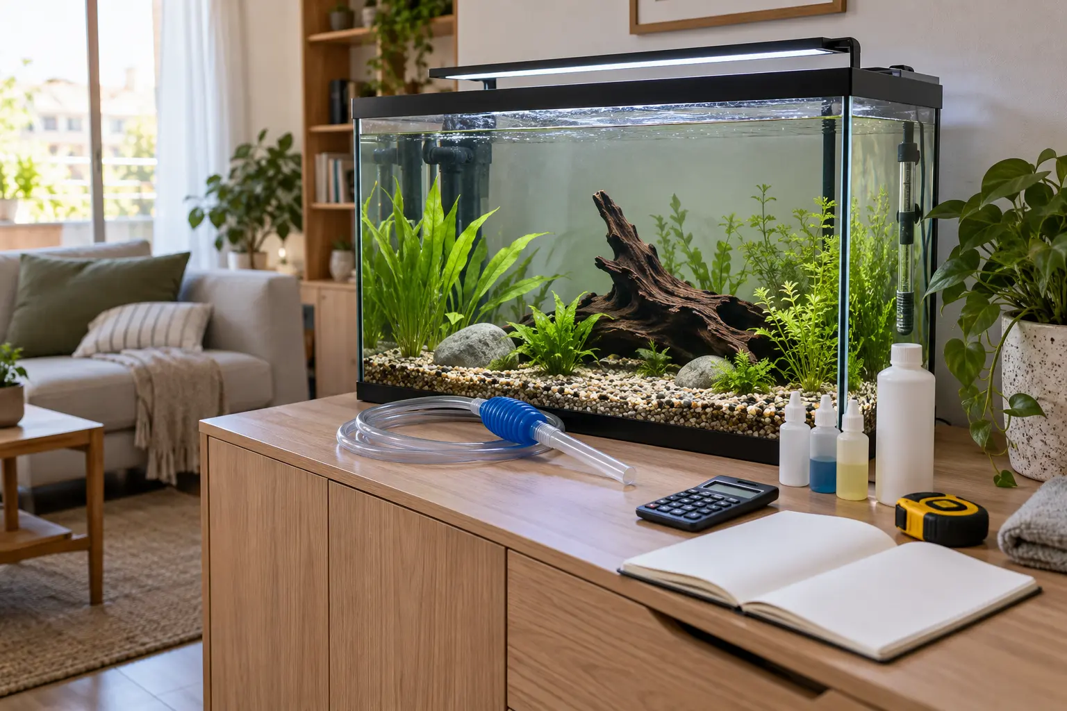 Acuario plantado sin peces junto a una calculadora, un cuaderno y útiles para planificar el presupuesto