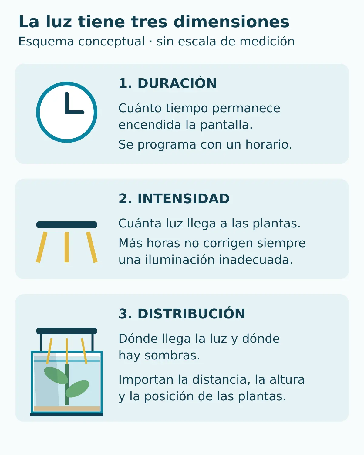 Esquema que distingue las horas de encendido de la intensidad y las sombras que reciben las plantas.