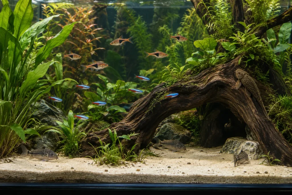 Acuario plantado con rasboras y neones en la zona media, corydoras sobre la arena y un ancistrus sobre la madera