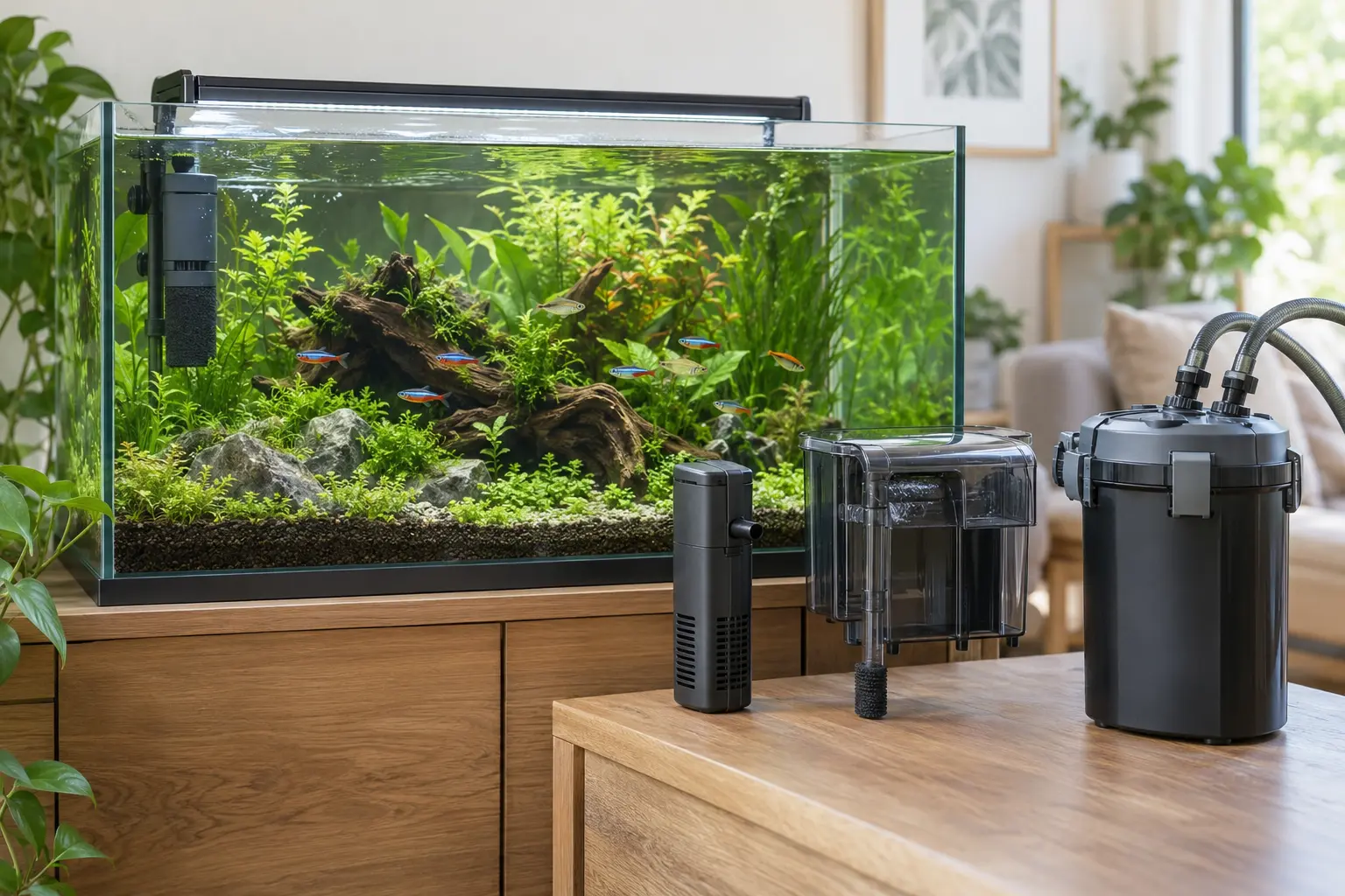 Acuario de agua dulce con diferentes tipos de filtro para comparar