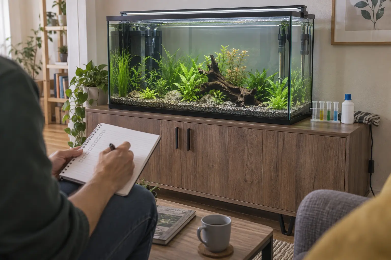 Persona planificando un acuario de agua dulce plantado y todavía sin peces