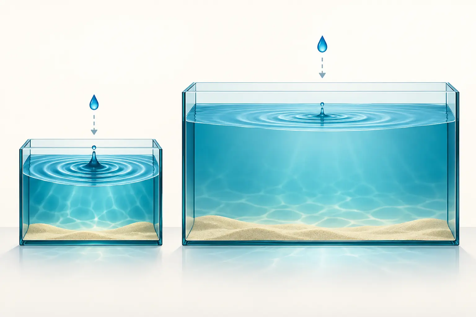 Comparación conceptual del efecto de un mismo cambio en un acuario pequeño y otro mayor