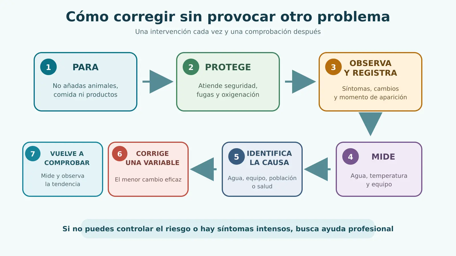 Flujo en siete pasos para parar, proteger, observar, medir, identificar, corregir y volver a comprobar un problema del acuario