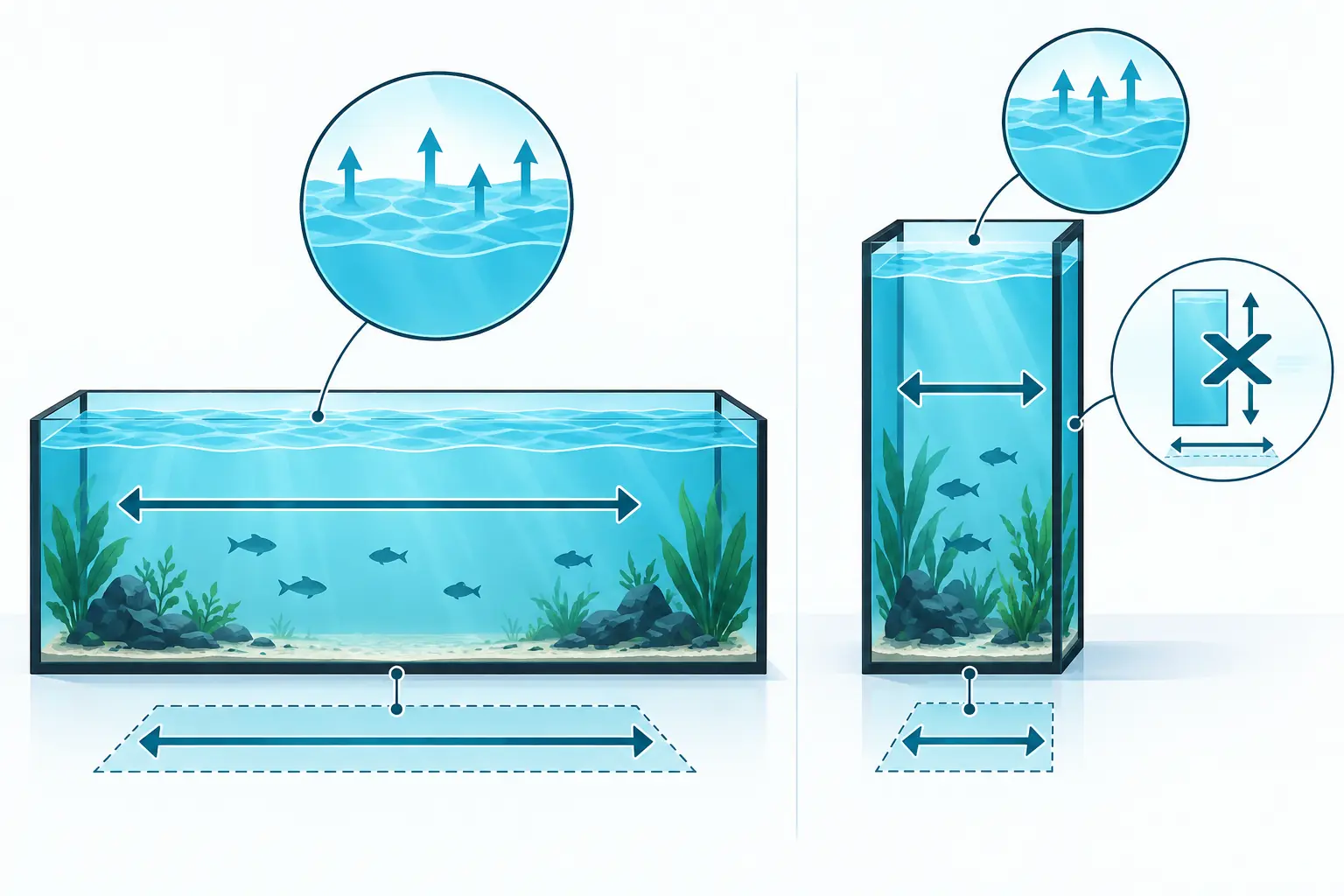 Comparación entre un acuario largo y otro alto con distinto espacio útil