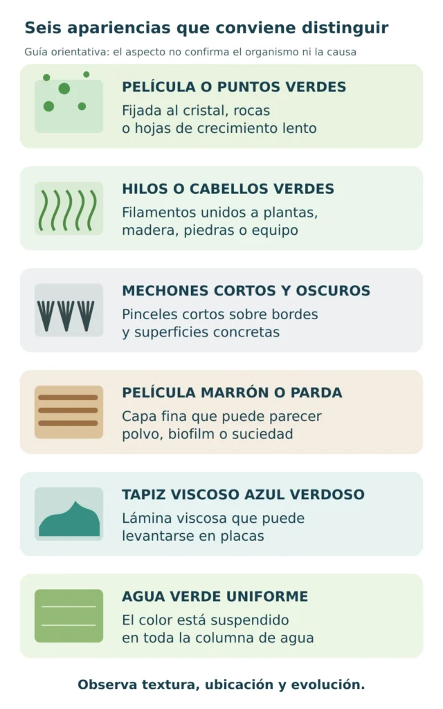 Guía visual con película verde, hilos verdes, mechones oscuros, película marrón, tapiz azul verdoso y agua verde