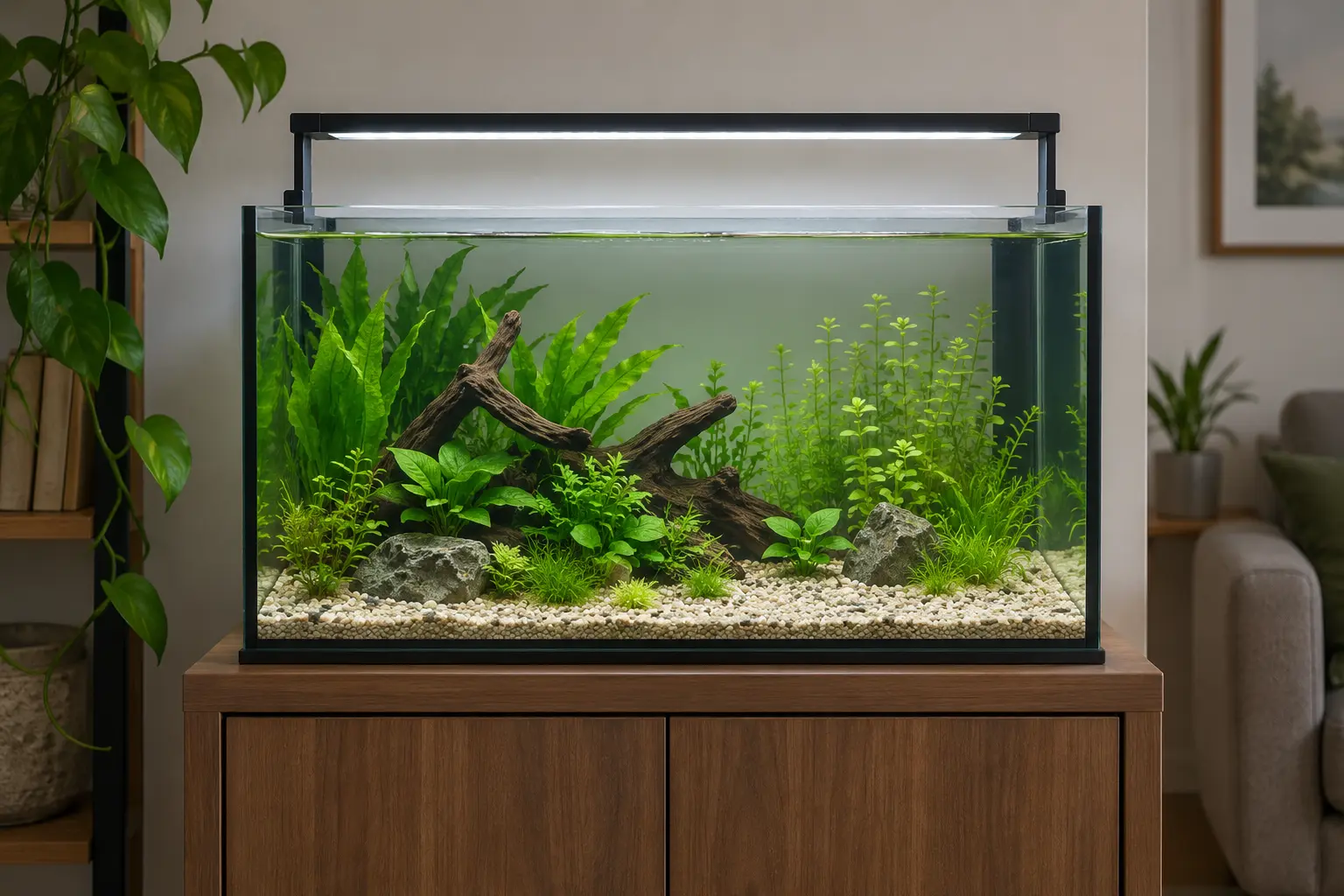 Acuario de agua dulce plantado con una pantalla LED instalada sobre la urna.