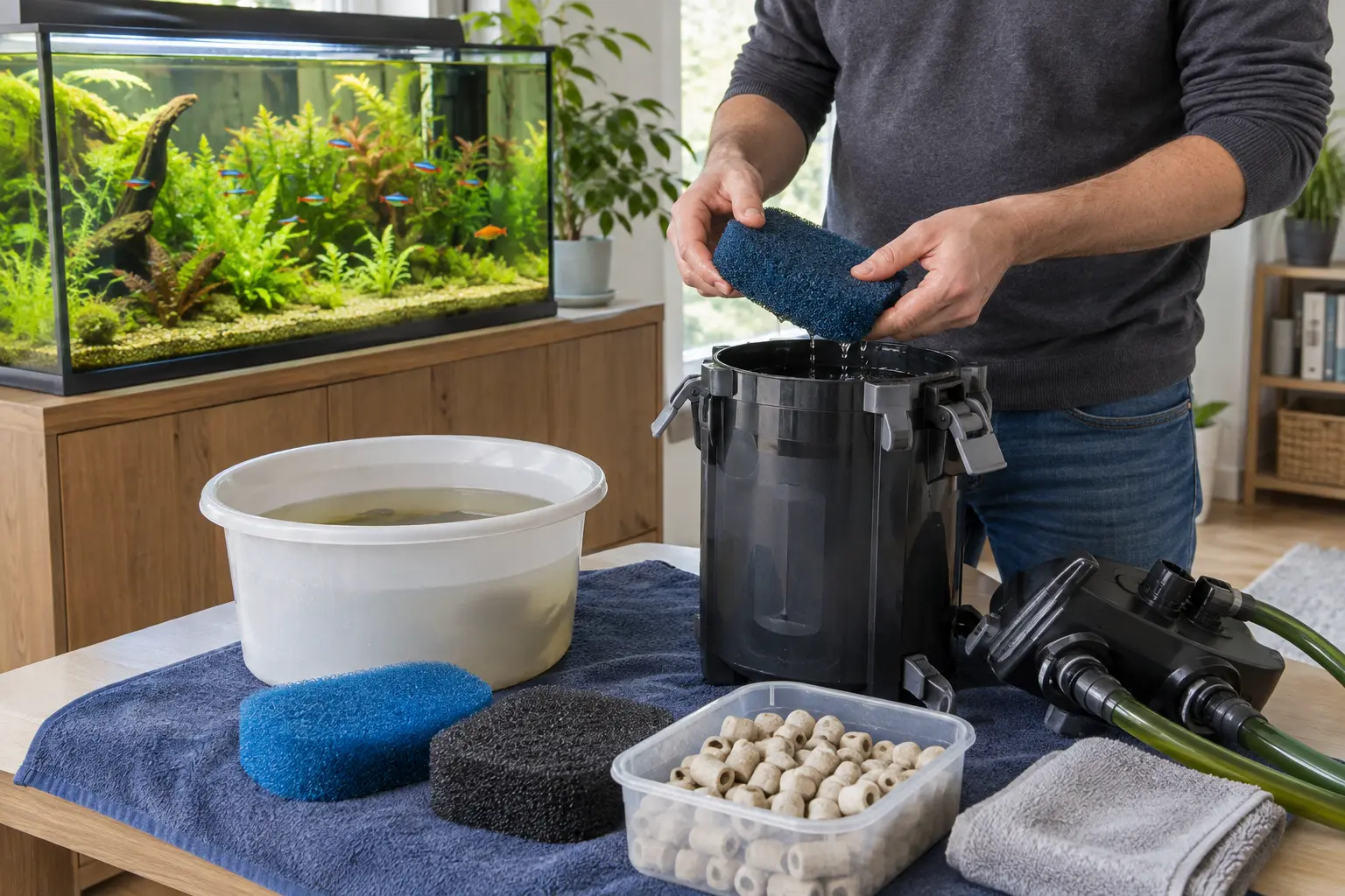 Persona limpiando las esponjas de un filtro exterior junto a un acuario plantado