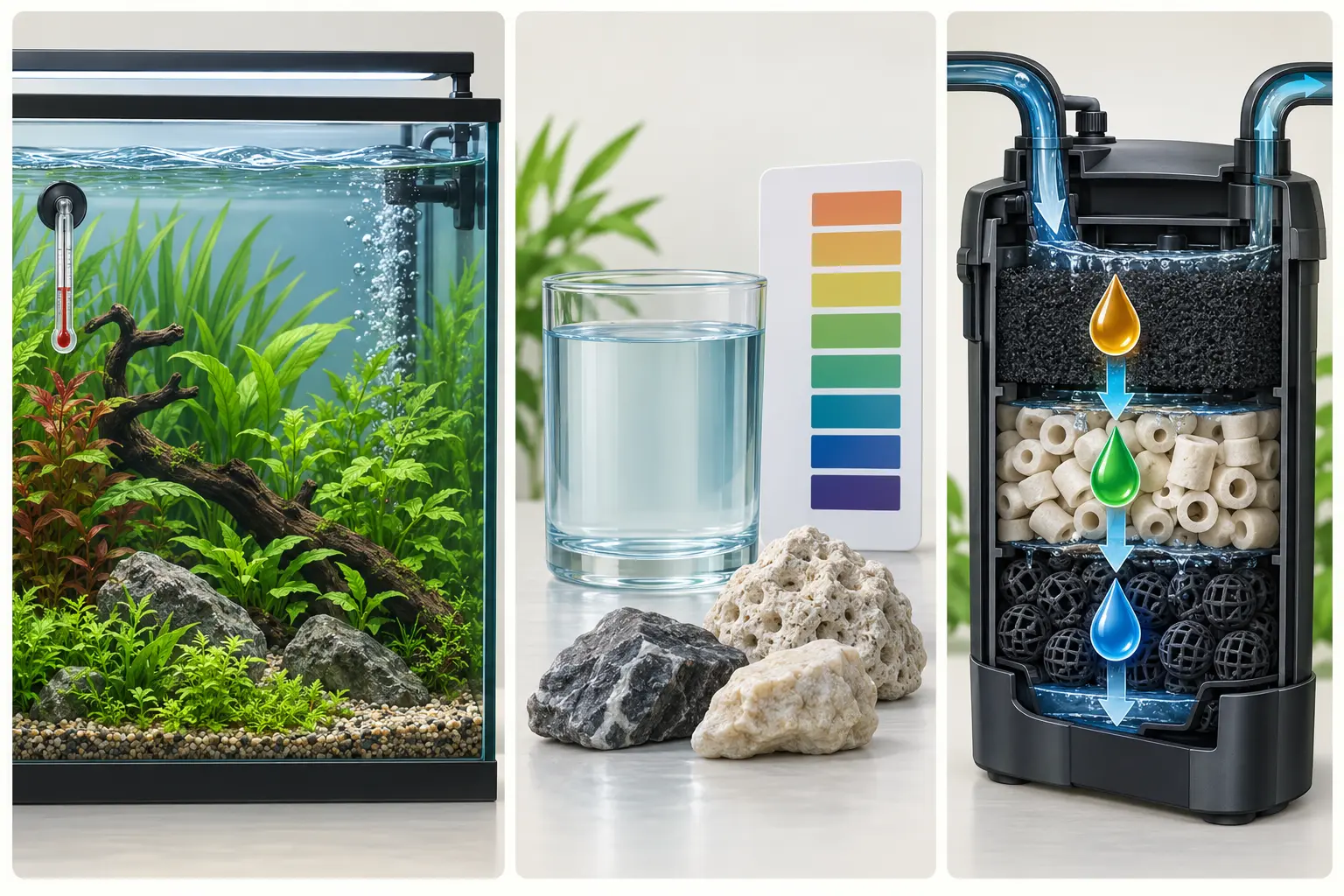 Composición visual con temperatura, muestra de agua, minerales y filtración de un acuario