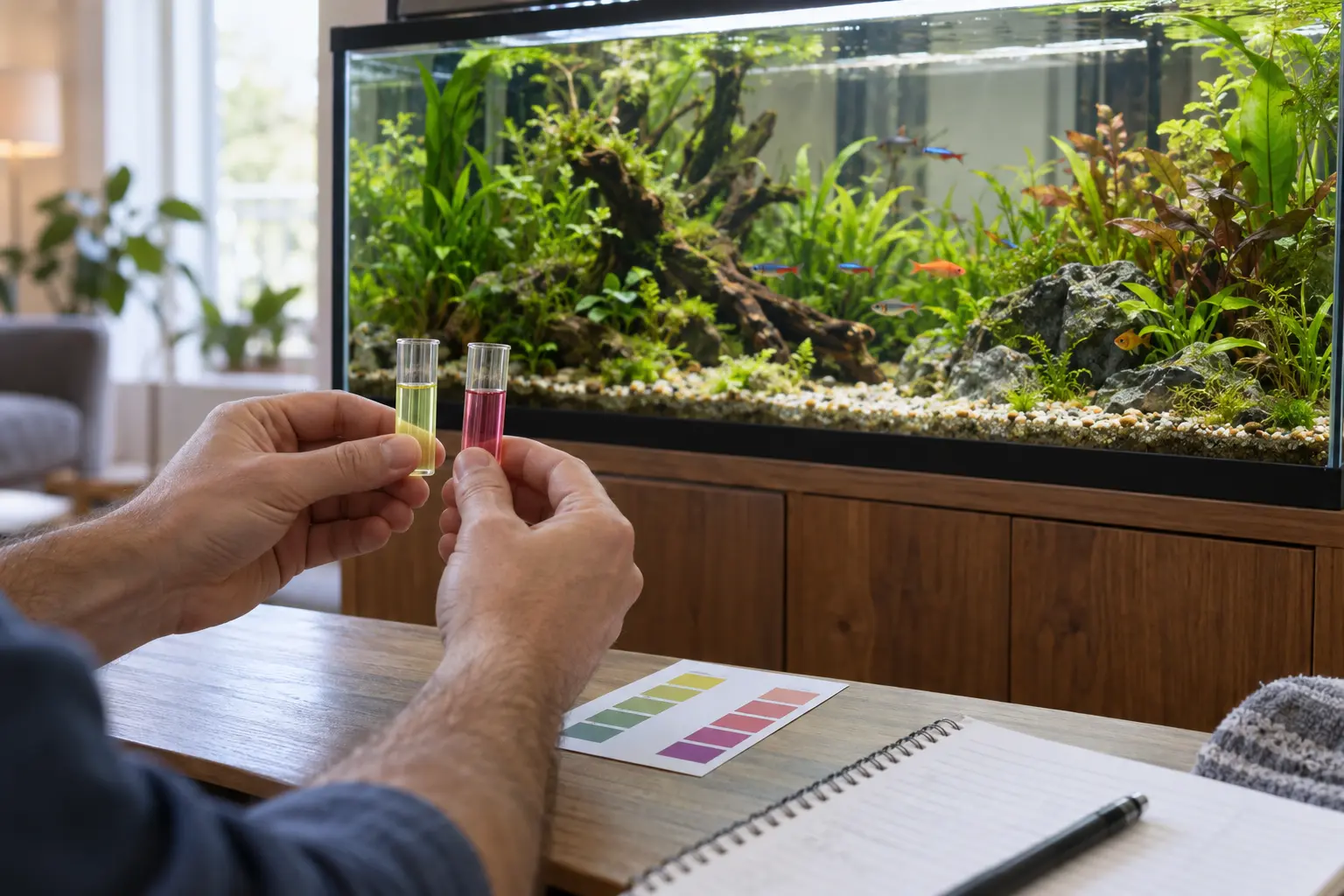 Persona comparando dos muestras de agua con una escala de color delante de un acuario plantado