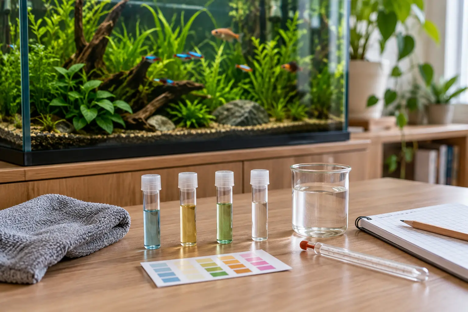 Tests de agua, termómetro y cuaderno junto a un acuario de agua dulce