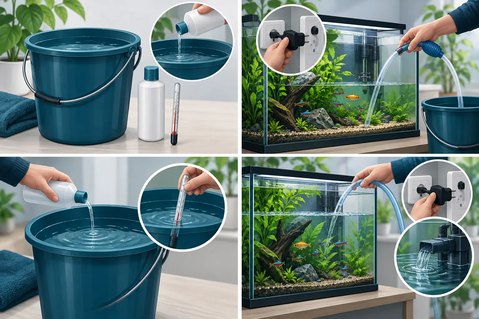 Pasos para preparar, sifonar, rellenar y comprobar un cambio parcial de agua