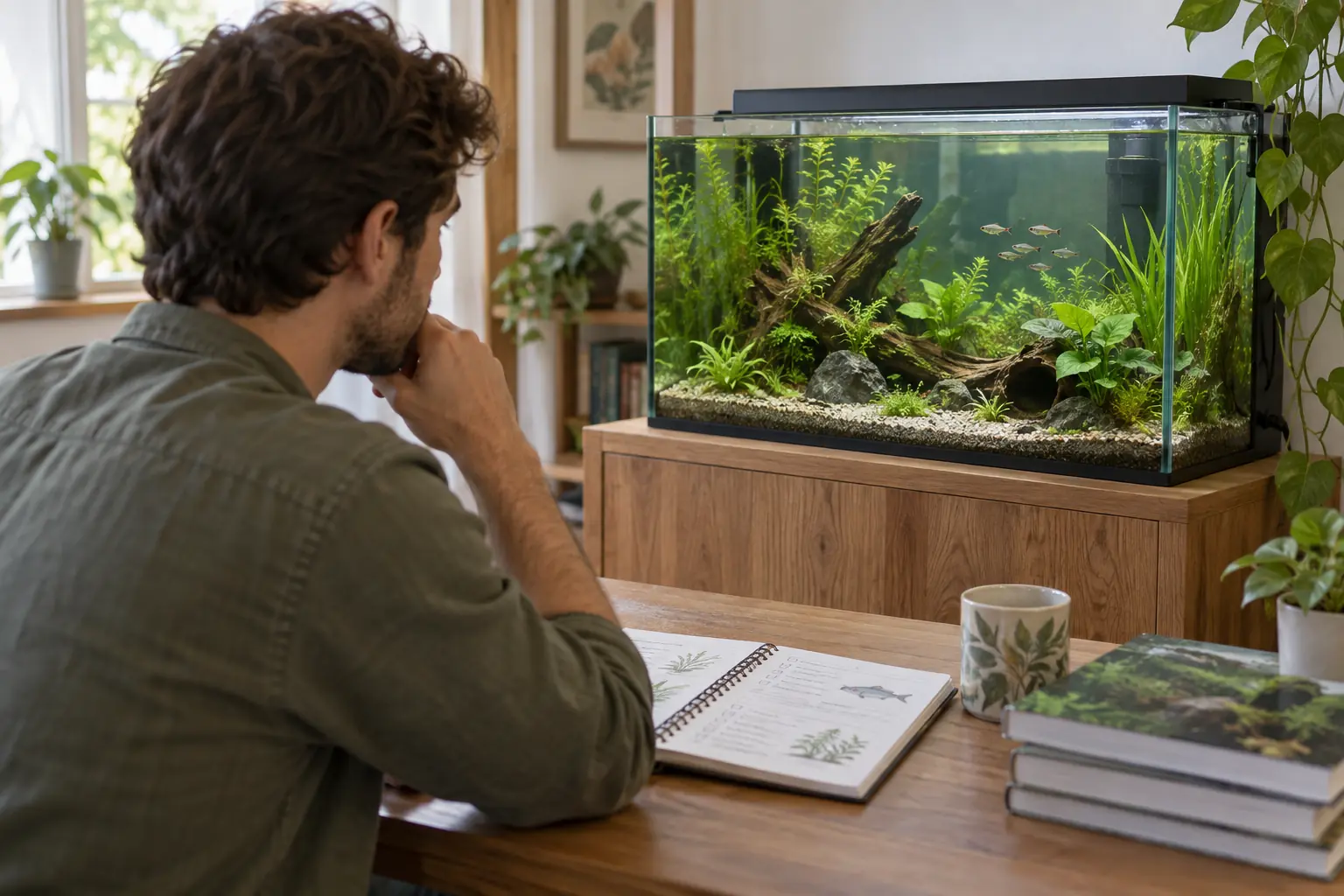 Persona comparando las necesidades de los peces antes de elegir habitantes para su acuario
