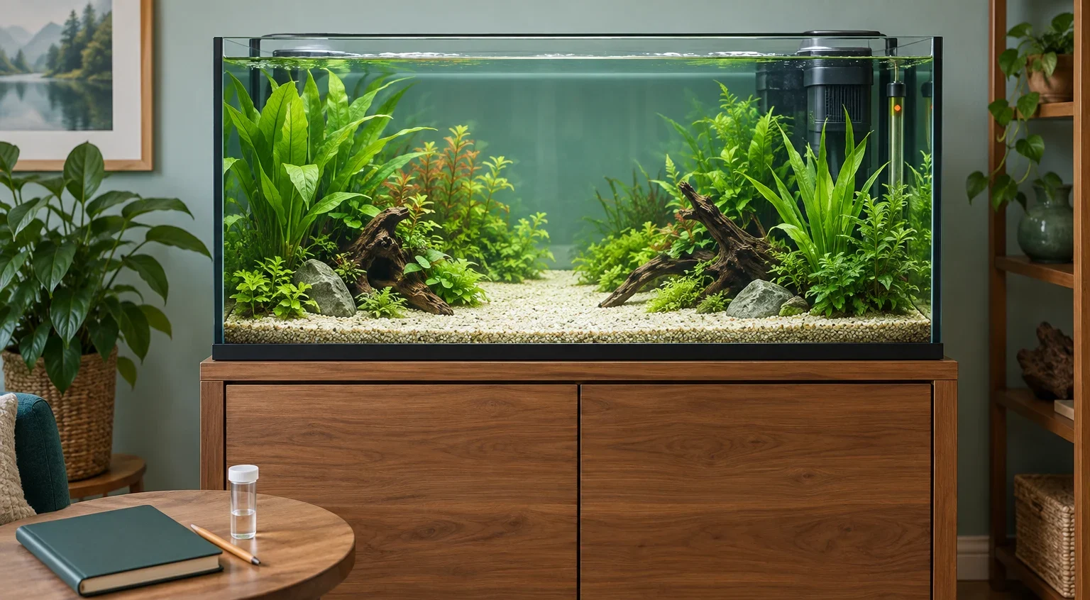 Acuario plantado sin animales, con espacio central libre y un cuaderno en una mesa lateral.
