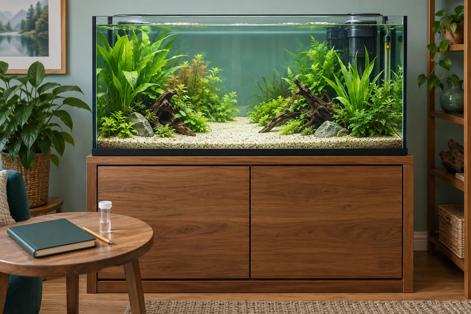 Acuario plantado sin animales, con espacio central libre y un cuaderno en una mesa lateral.