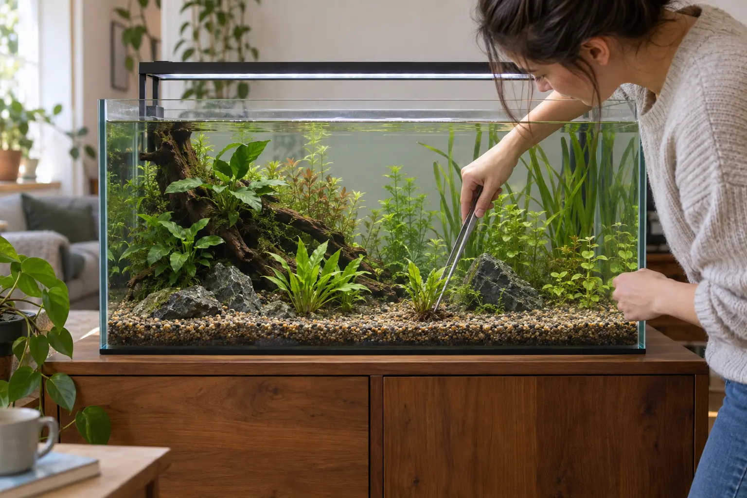 Persona plantando un acuario de agua dulce con plantas de diferentes formas de crecimiento
