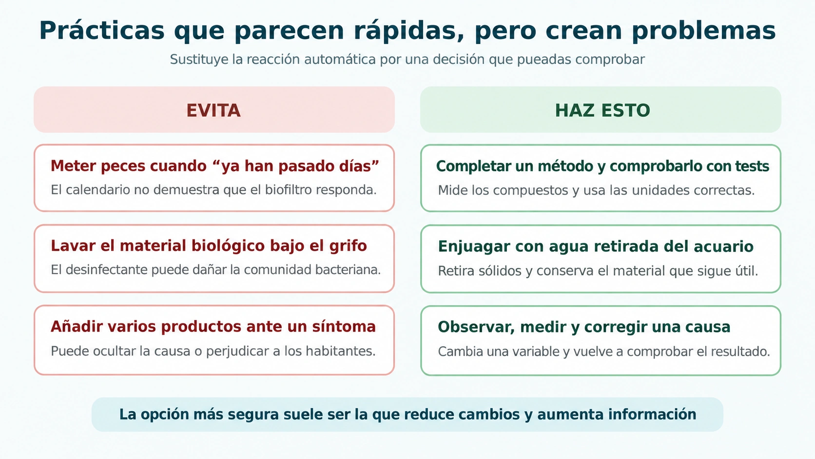 Comparación entre prácticas incorrectas y decisiones seguras durante el ciclado y mantenimiento del acuario