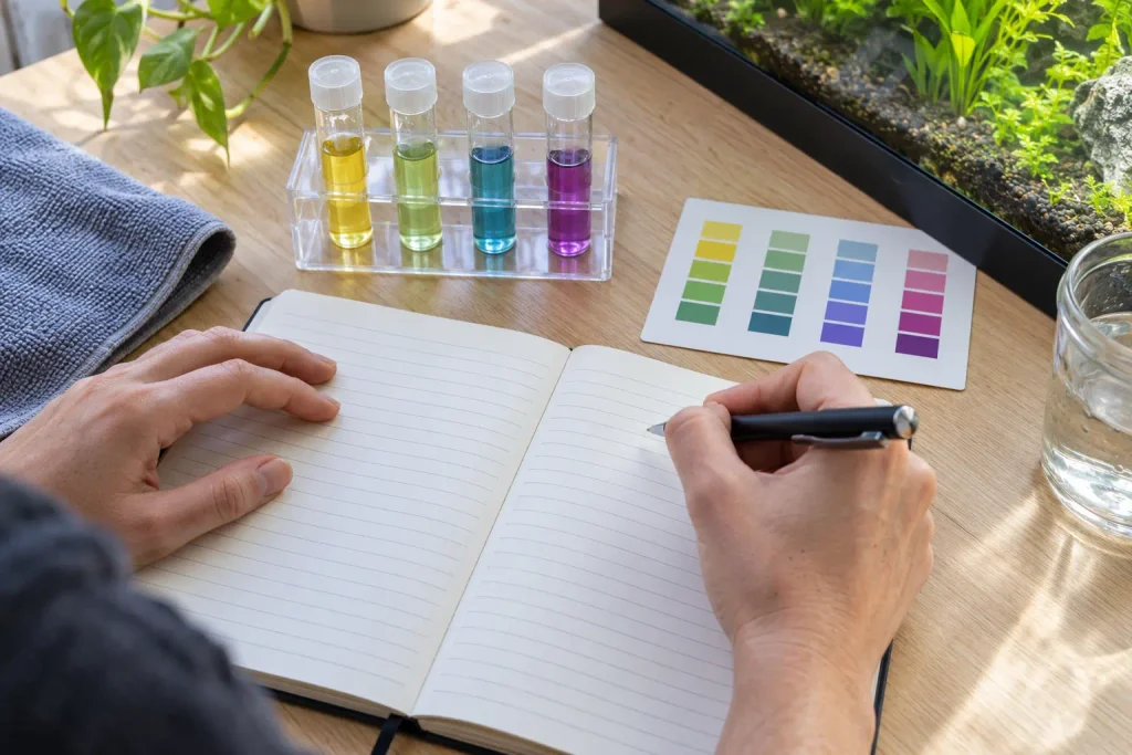 Registro de las mediciones del ciclado junto a pruebas colorimétricas del agua del acuario.