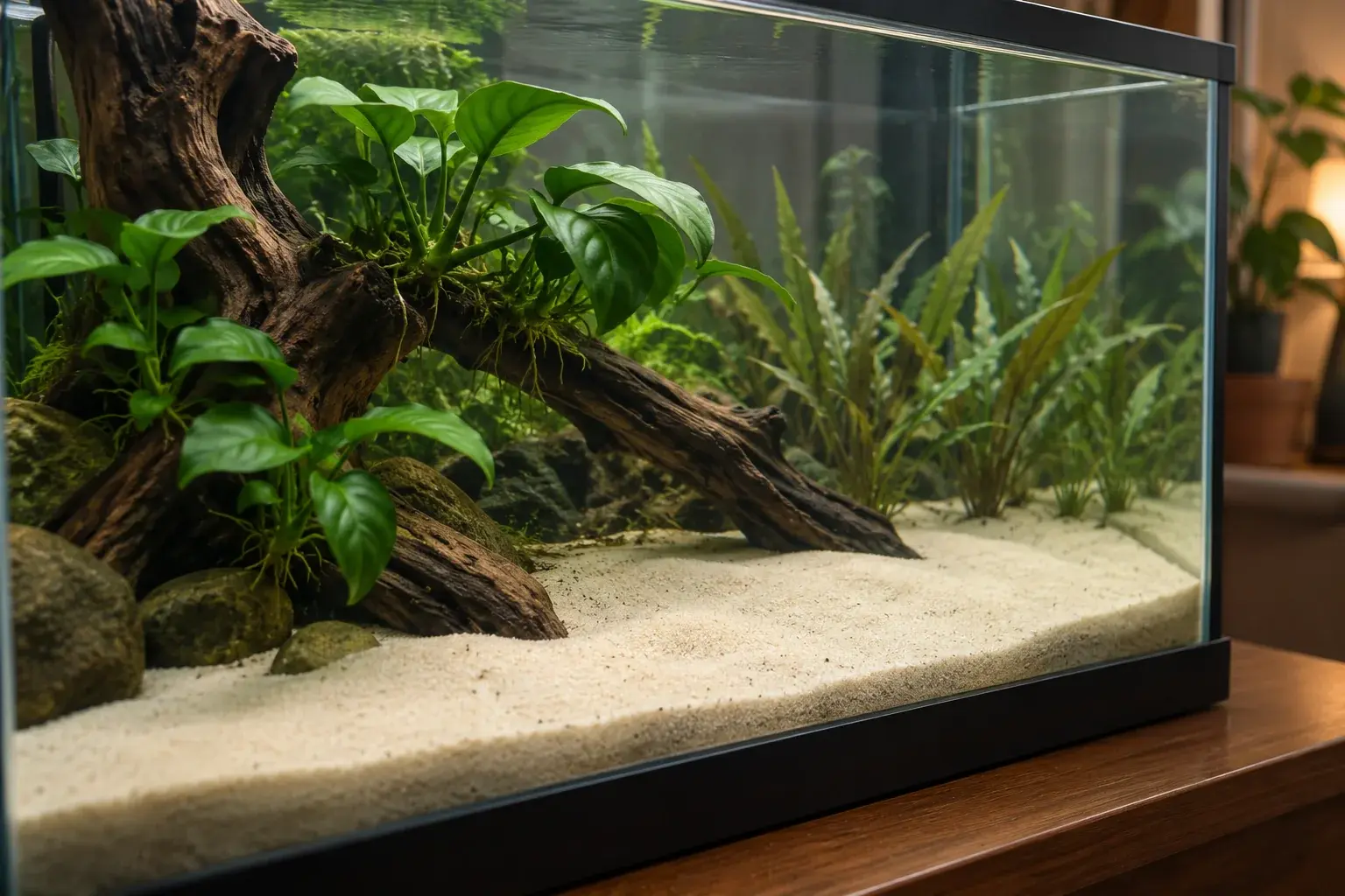 Acuario plantado con arena clara, plantas fijadas a madera y una zona de fondo abierta