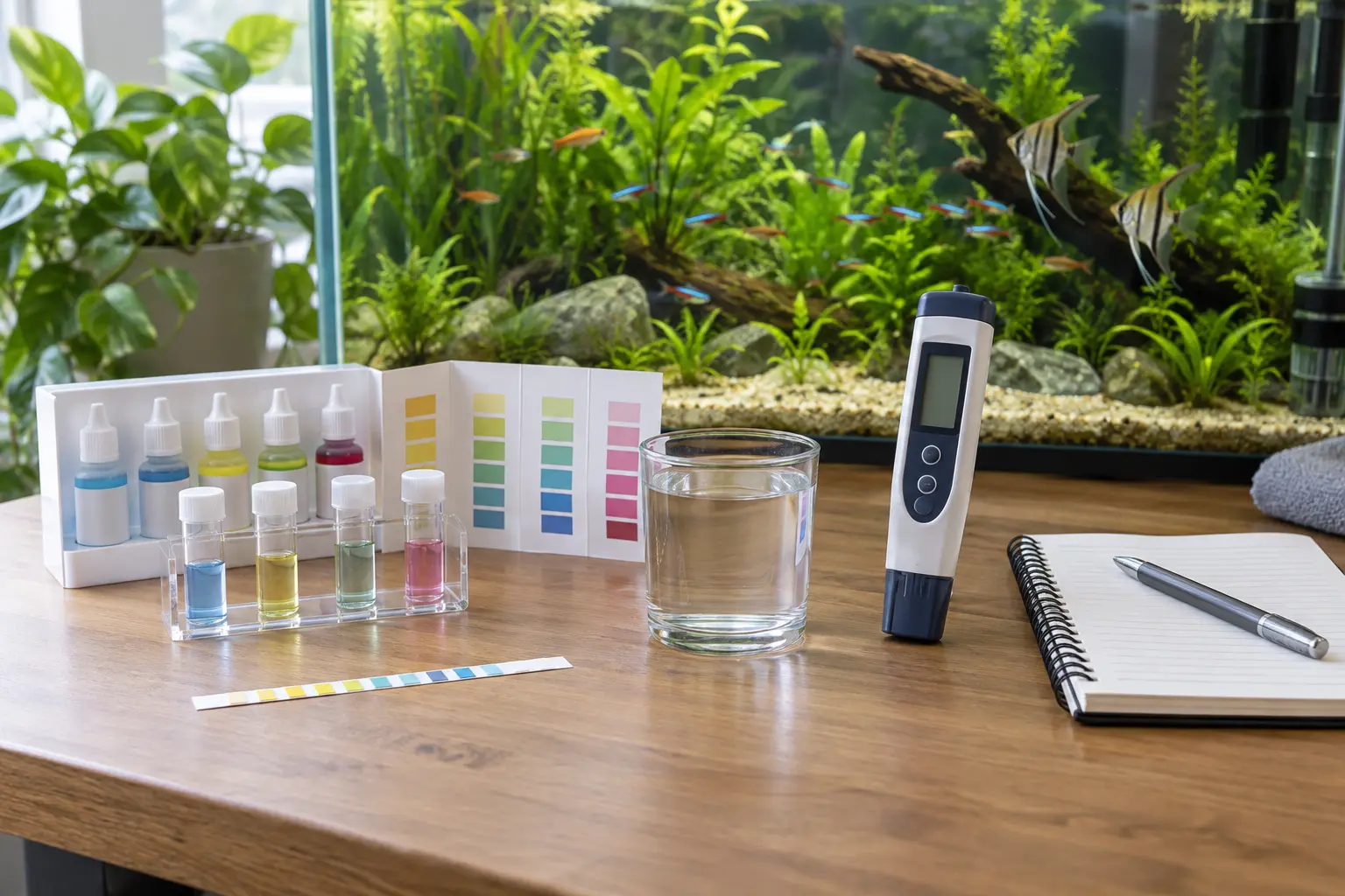 Tests de agua para medir amonio, nitrito, nitrato, pH, GH y KH en un acuario