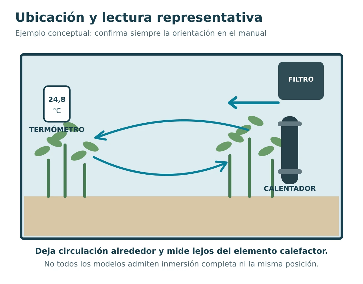 Esquema de un calentador cerca de la circulación y un termómetro independiente situado en el lado opuesto del acuario