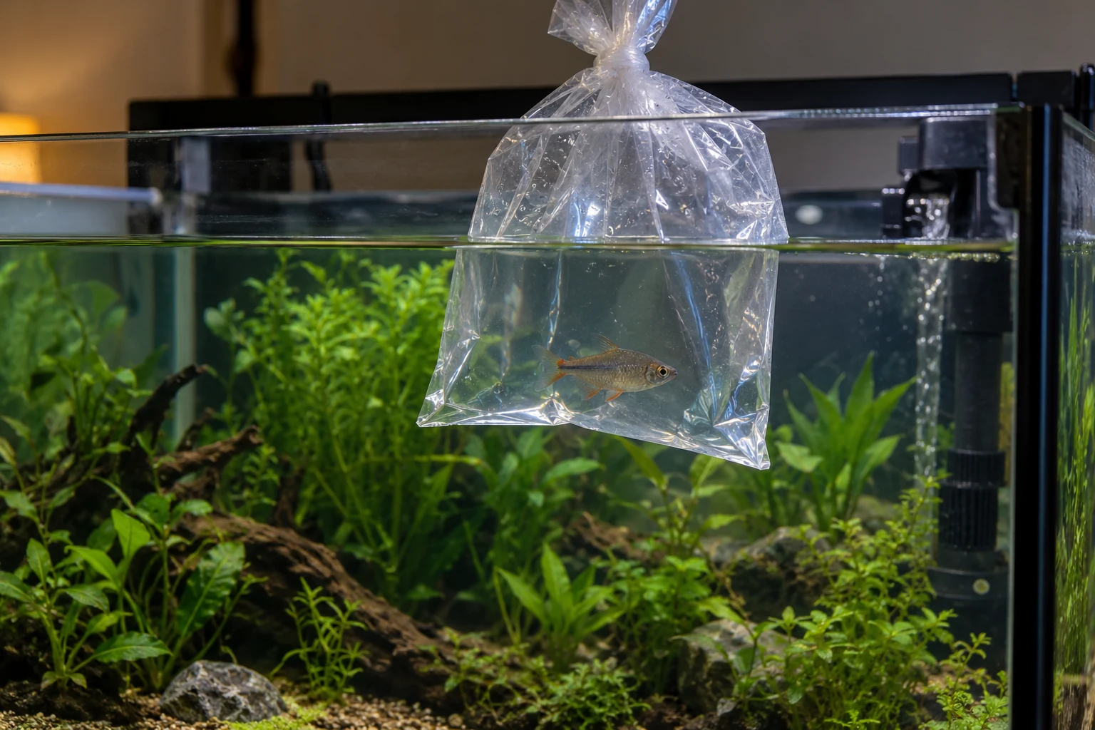 Bolsa de transporte cerrada y flotando en un acuario plantado con un pez de anatomía normal en su interior.