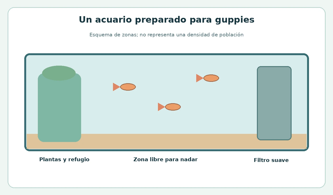 Esquema de acuario para guppies con plantas, zona libre de nado y filtro de corriente suave.