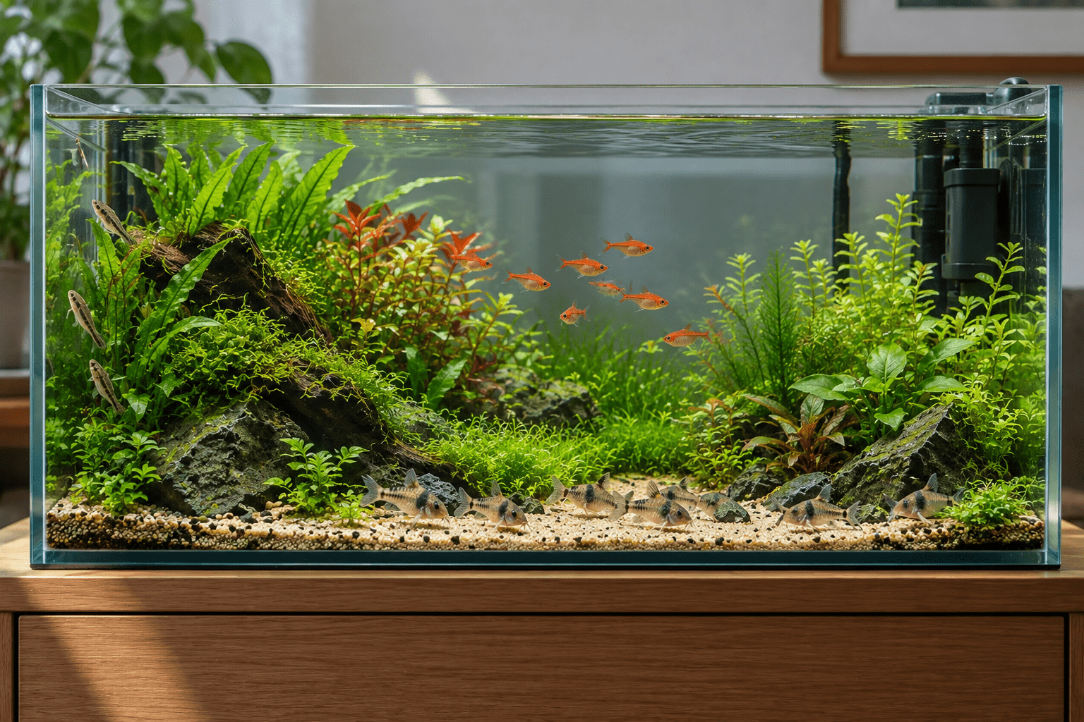 Un ejemplo de acuario plantado con grupos de peces de especies distintas, antes de verificar si es lo correcto.