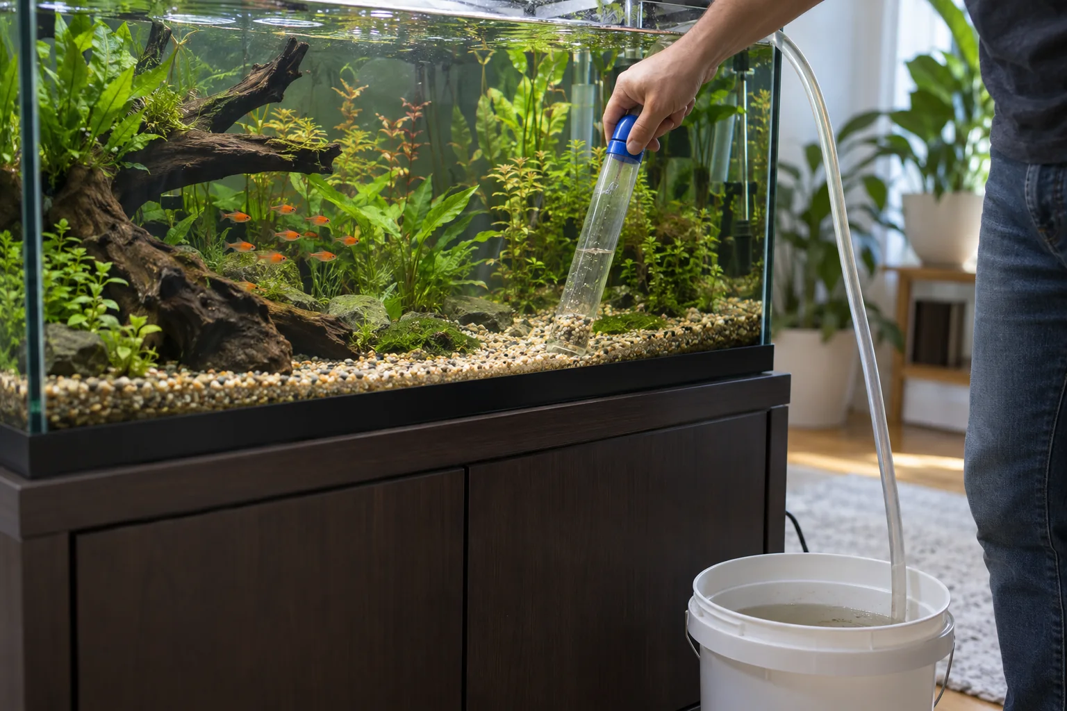Persona sifonando suavemente grava en un acuario plantado con un pequeño grupo de peces dentro y un cubo para el agua retirada | La limpieza parcial retira residuos mientras los peces permanecen en el acuario.