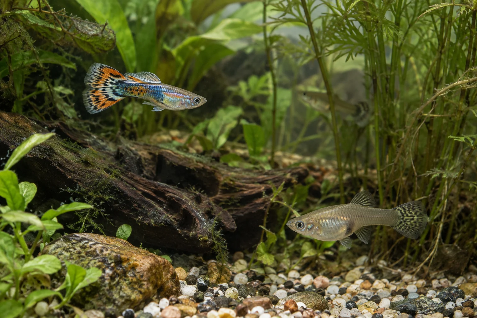 Guppy macho colorido y hembra en un acuario plantado con refugios y espacio libre.