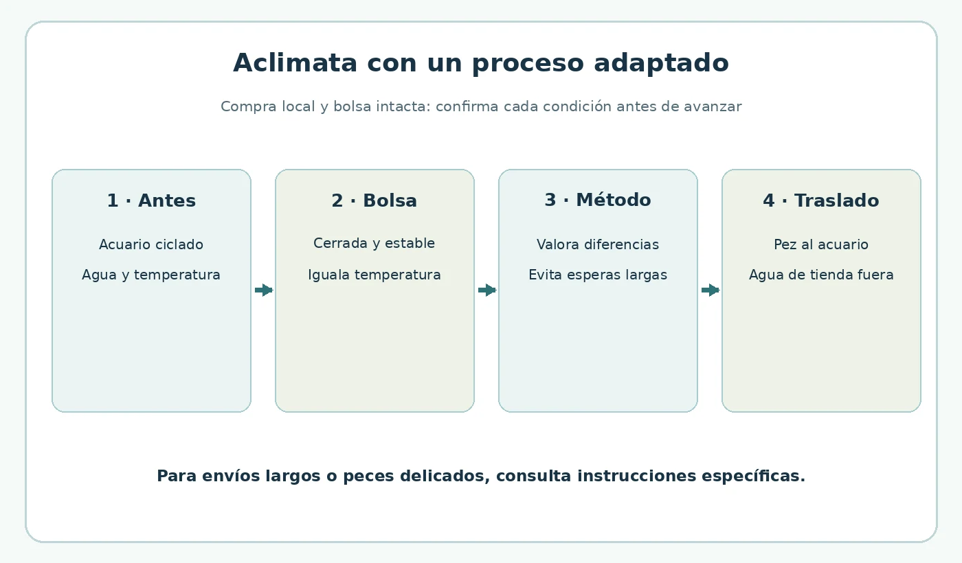 Cuatro fases de aclimatación: preparar, bolsa cerrada, elegir método y trasladar.