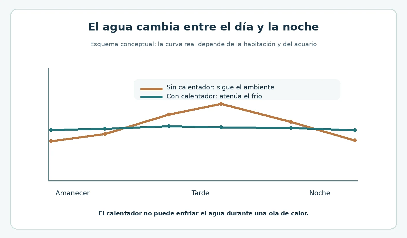 Curvas conceptuales de variación de la temperatura del agua durante el día y la noche.