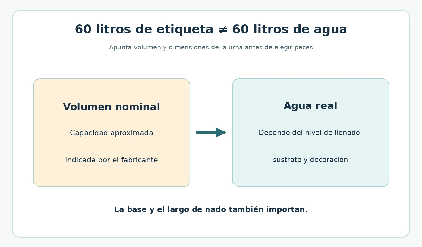 Diagrama que distingue volumen nominal y agua real de un acuario de 60 litros.